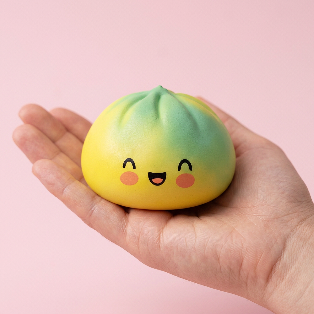 Squishy Dumpling Sunset Gelb in der Hand gehalten, echte Größe