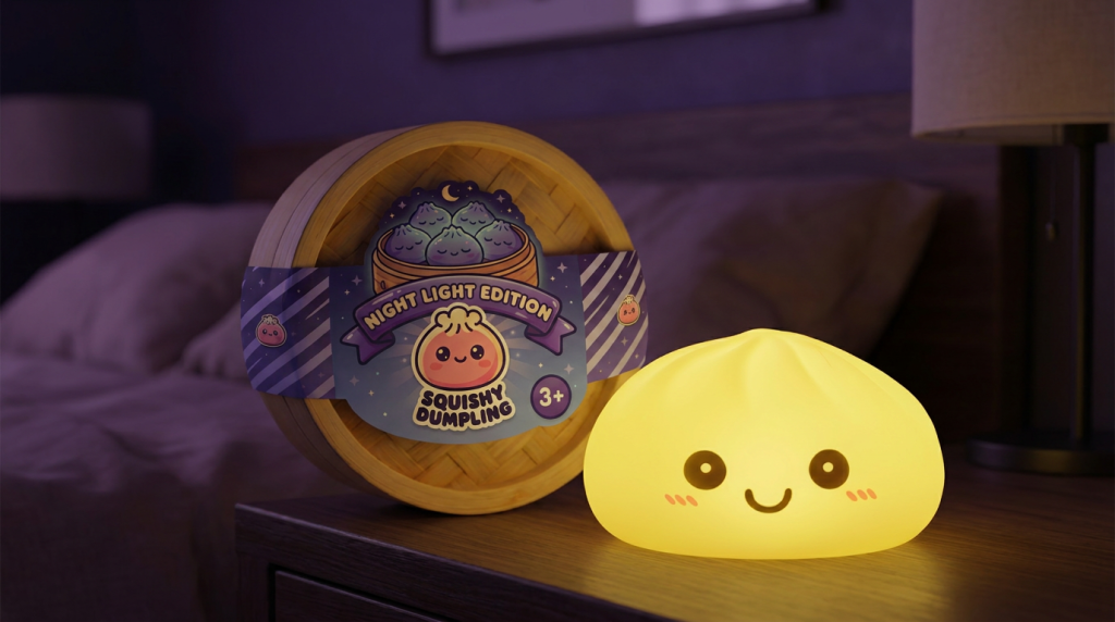 Dumpling Squishy Nachtlicht Sonnengelb in seiner kawaii Umgebung