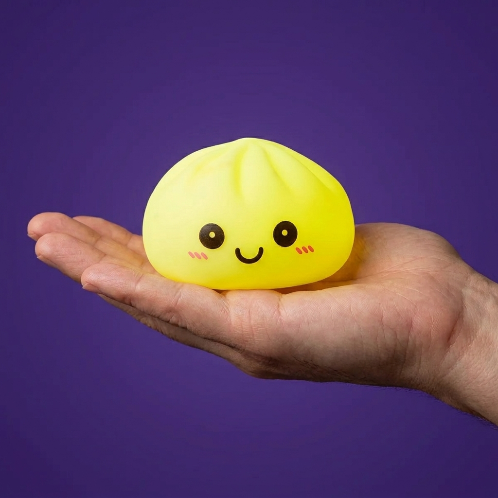 Dumpling Squishy Nachtlicht Sonnengelb in der Hand gehalten, echte Größe