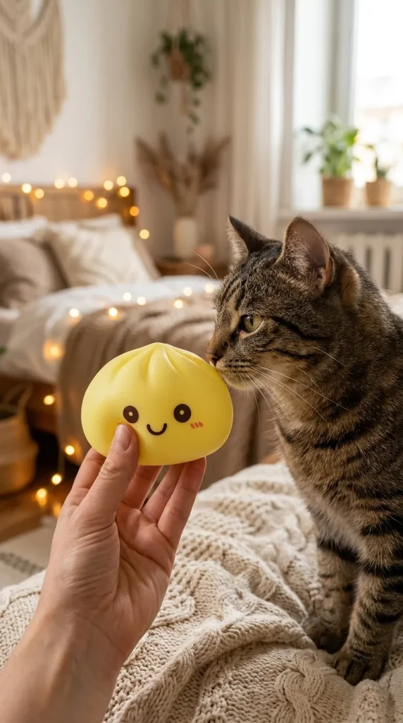 Dumpling Squishy Nachtlicht Sonnengelb mit einem Kuscheltier