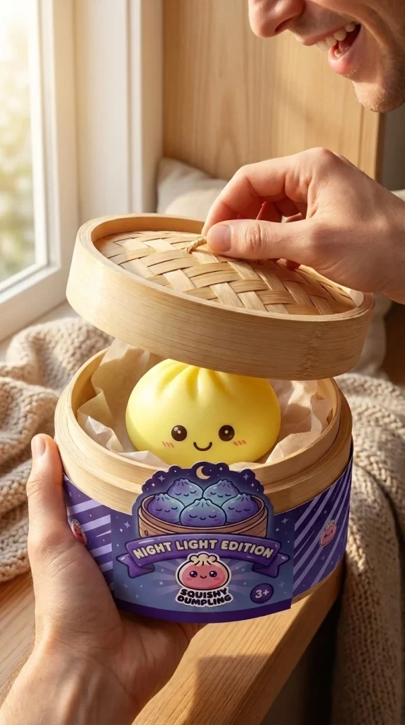 Dumpling Squishy Nachtlicht Sonnengelb beim Auspacken