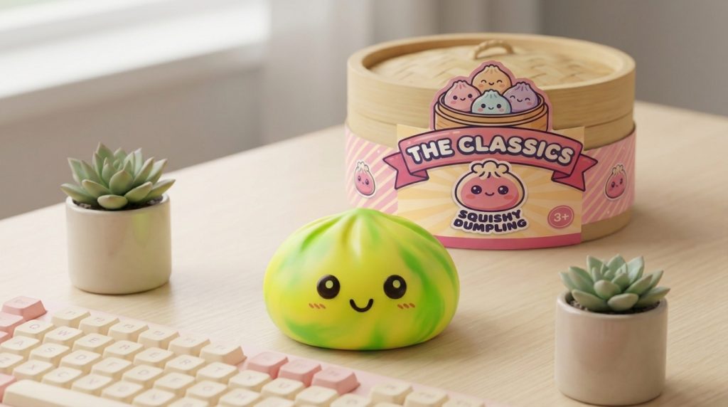 Dumpling Squishy Tie Dye Zitronengelb in seiner kawaii Umgebung