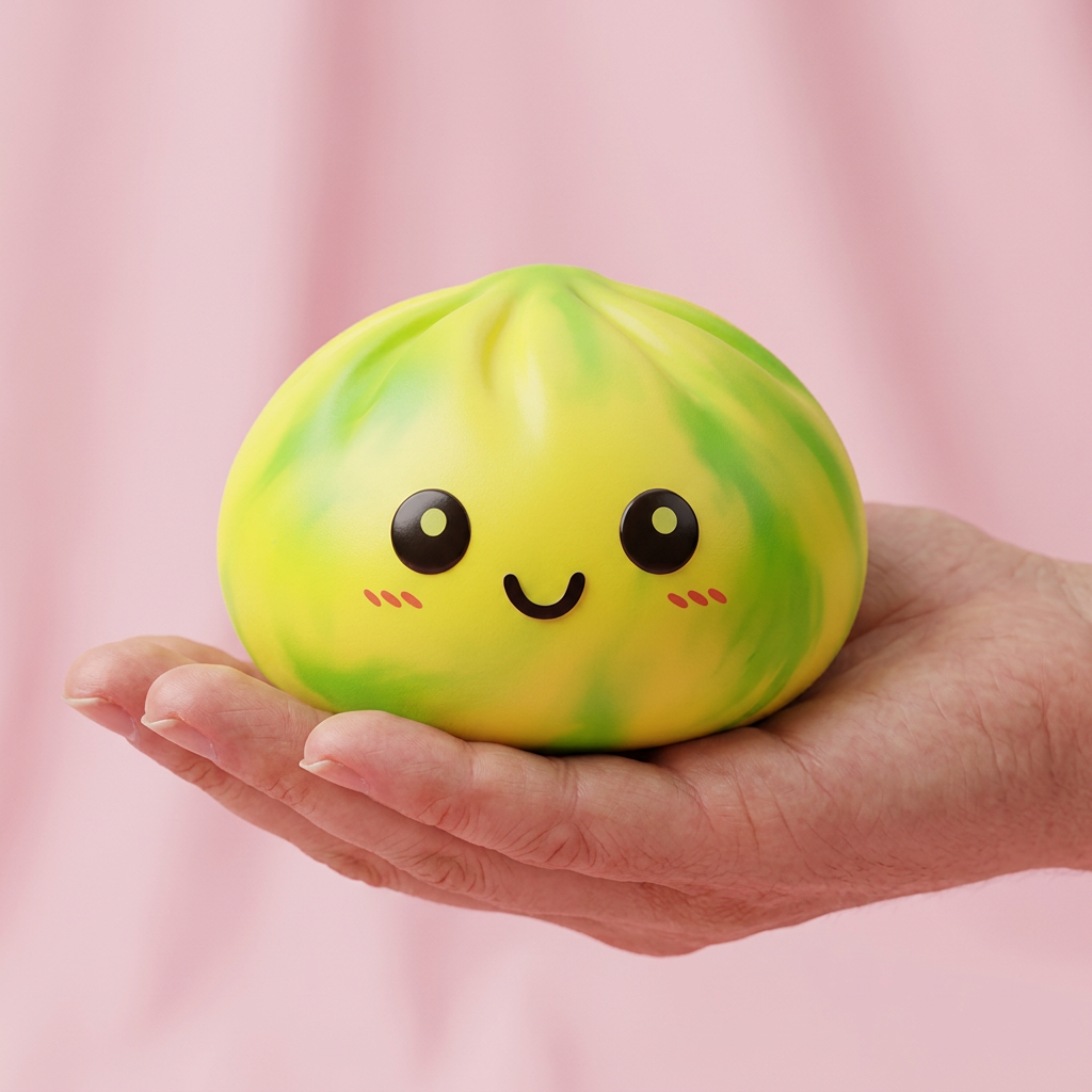 Dumpling Squishy Tie Dye Zitronengelb in der Hand gehalten, echte Größe