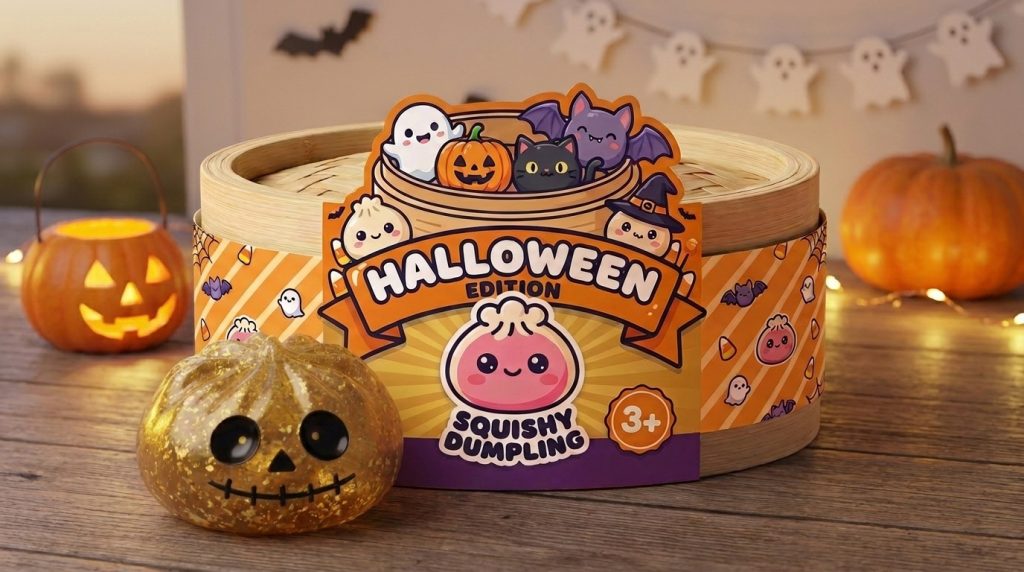 Dumpling Squishy Zombie Halloween Glitter Gold in seiner kawaii Umgebung