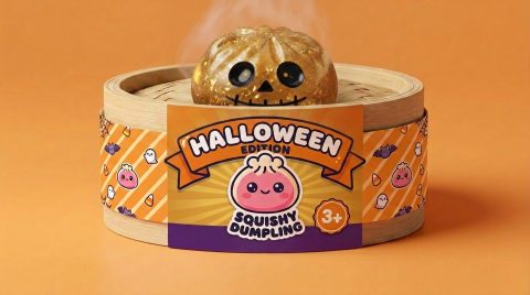 Dumpling Squishy Zombie Halloween Glitter Gold im Bambus-Dämpfkörbchen