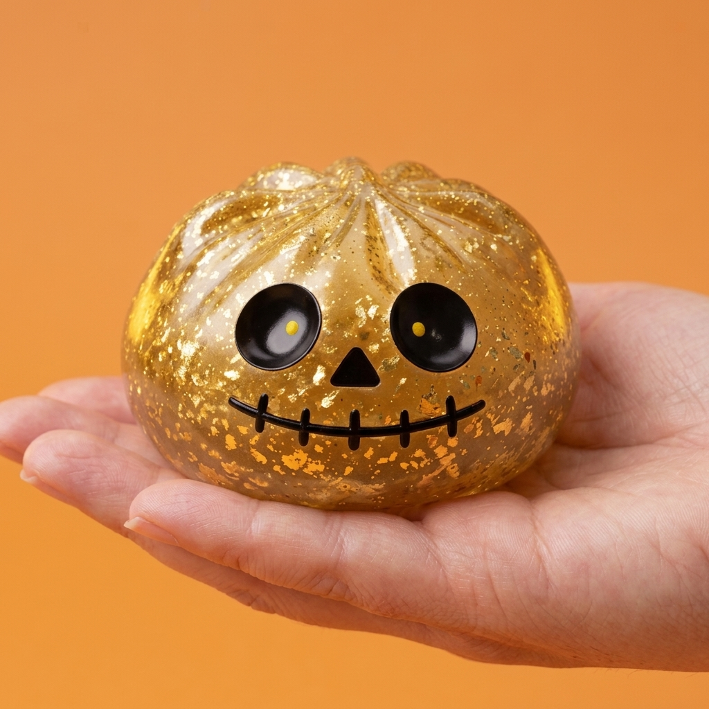 Dumpling Squishy Zombie Halloween Glitter Gold in der Hand gehalten, echte Größe