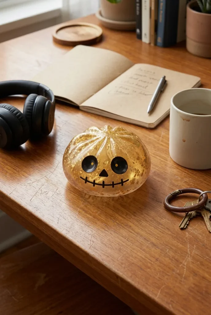 Dumpling Squishy Zombie Halloween Glitter Gold auf dem Schreibtisch