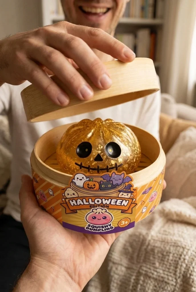 Dumpling Squishy Zombie Halloween Glitter Gold beim Auspacken