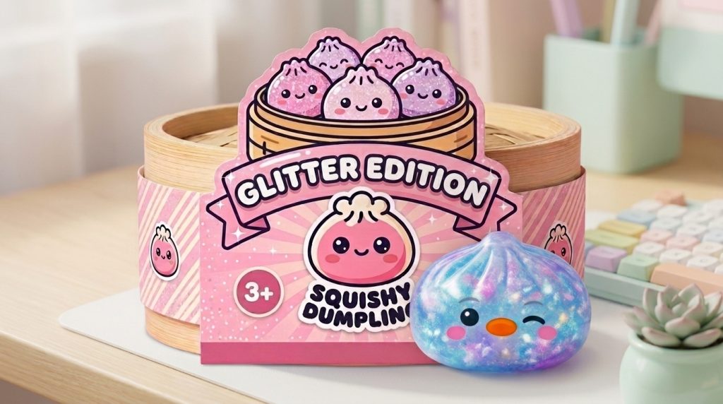 Dumpling Squishy Pinguin Blau Galaxy in seiner kawaii Umgebung