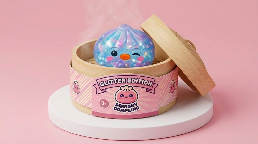 Dumpling Squishy Pinguin Blau Galaxy im Bambus-Dämpfkörbchen