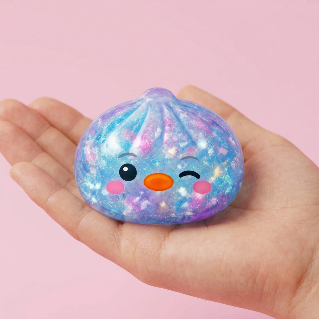 Dumpling Squishy Pinguin Blau Galaxy in der Hand gehalten, echte Größe