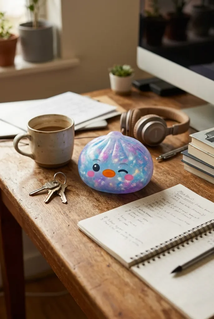 Dumpling Squishy Pinguin Blau Galaxy auf dem Schreibtisch