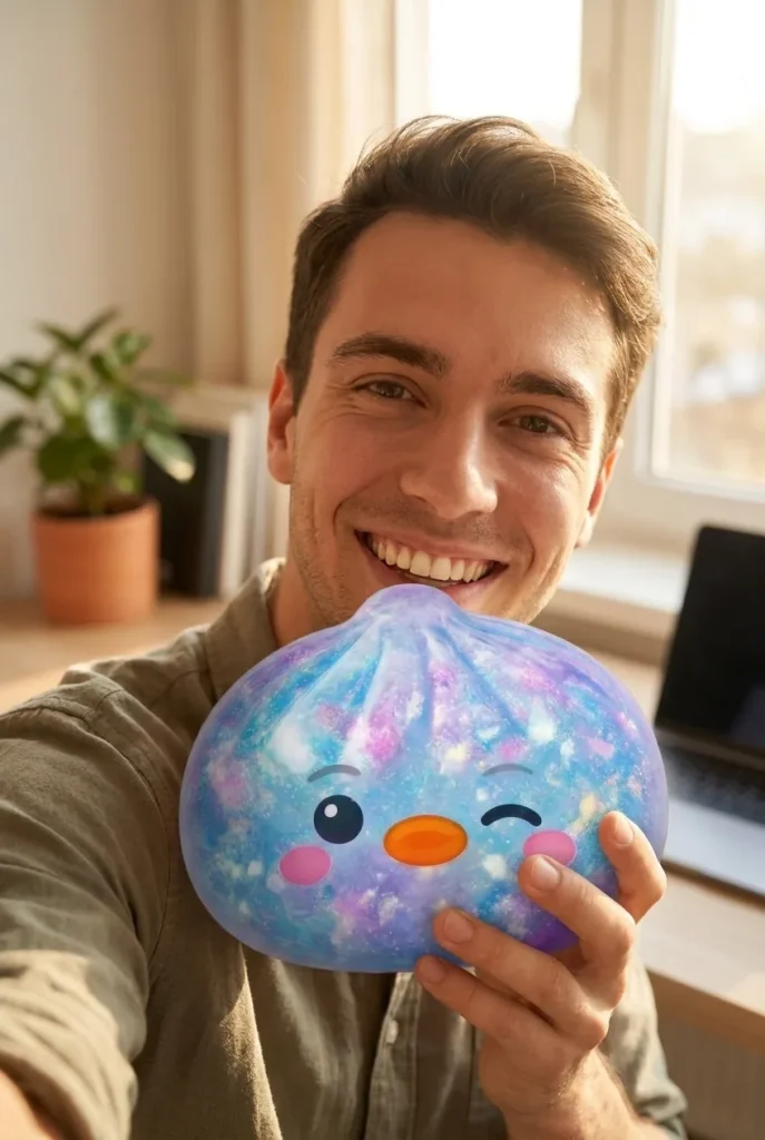 Dumpling Squishy Pinguin Blau Galaxy im Alltag