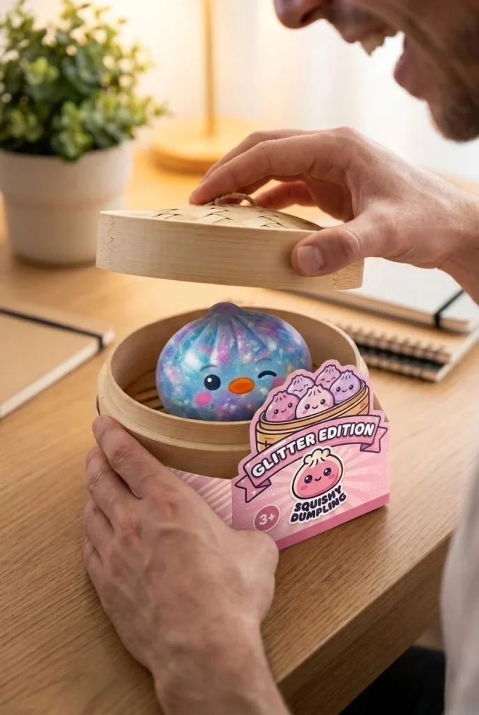 Dumpling Squishy Pinguin Blau Galaxy beim Auspacken