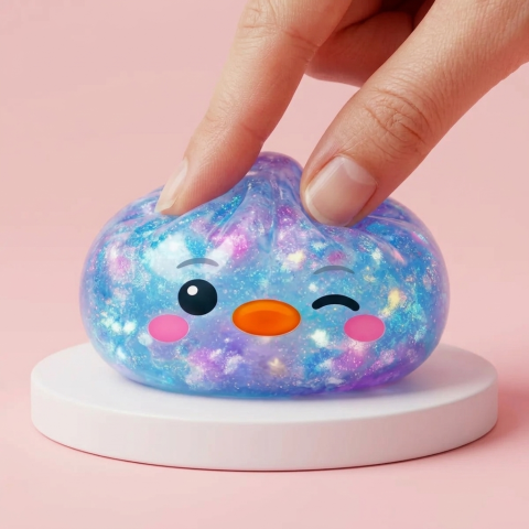 Dumpling Squishy Pinguin Blau Galaxy beim Drücken, weiches Material