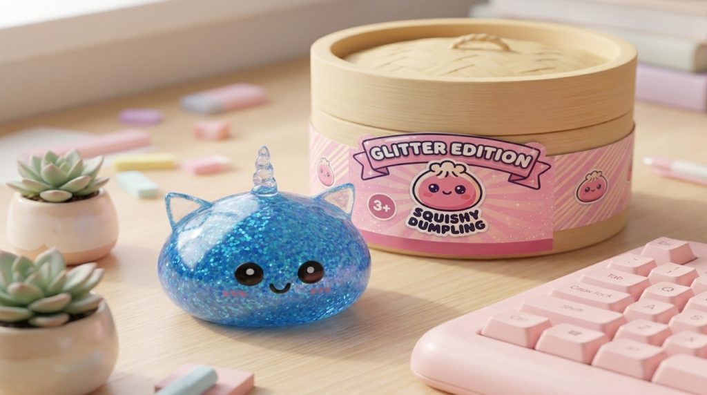 Dumpling Squishy Einhorn Glitter Blau in seiner kawaii Umgebung