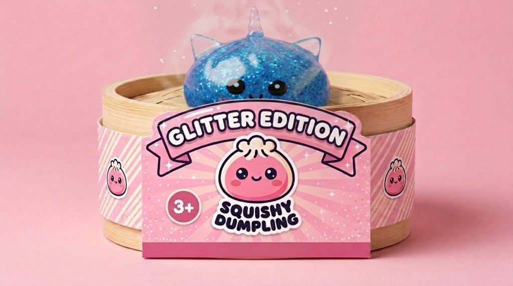 Dumpling Squishy Einhorn Glitter Blau im Bambus-Dämpfkörbchen