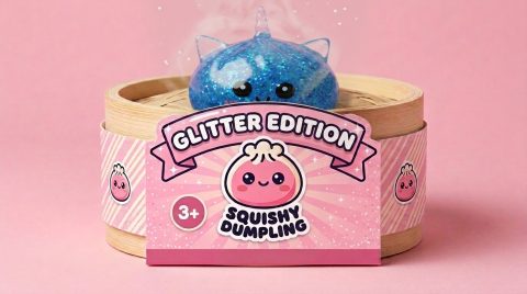 Dumpling Squishy Einhorn Glitter Blau im Bambus-Dämpfkörbchen