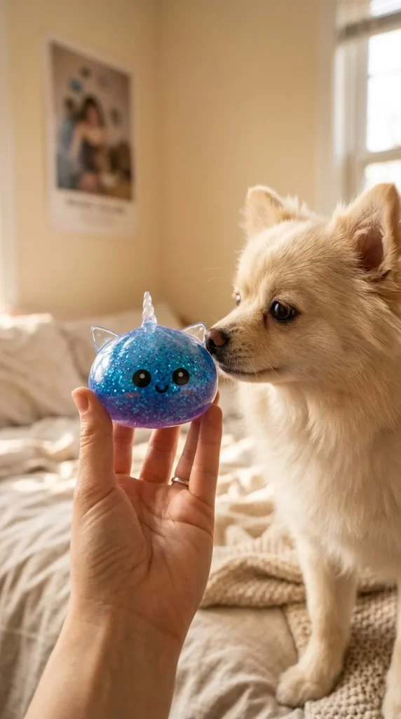 Dumpling Squishy Einhorn Glitter Blau mit einem Kuscheltier