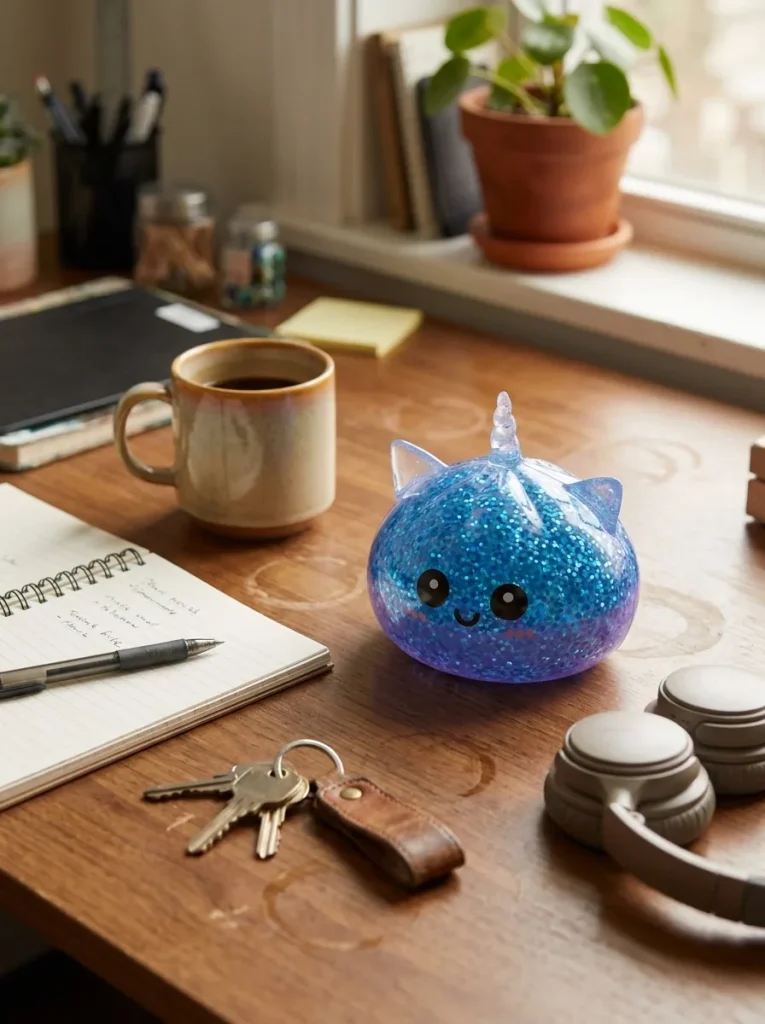 Dumpling Squishy Einhorn Glitter Blau auf dem Schreibtisch