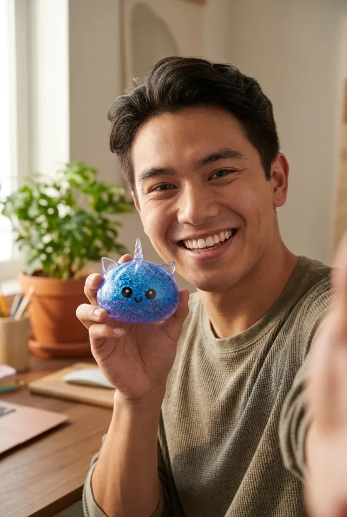 Dumpling Squishy Einhorn Glitter Blau im Alltag