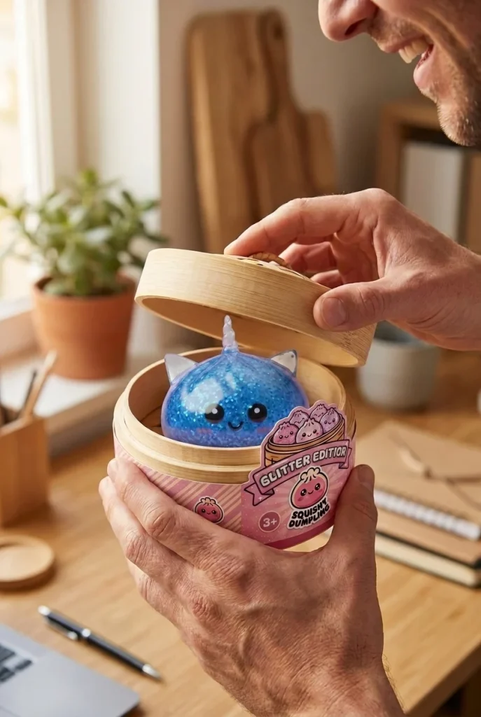 Dumpling Squishy Einhorn Glitter Blau beim Auspacken