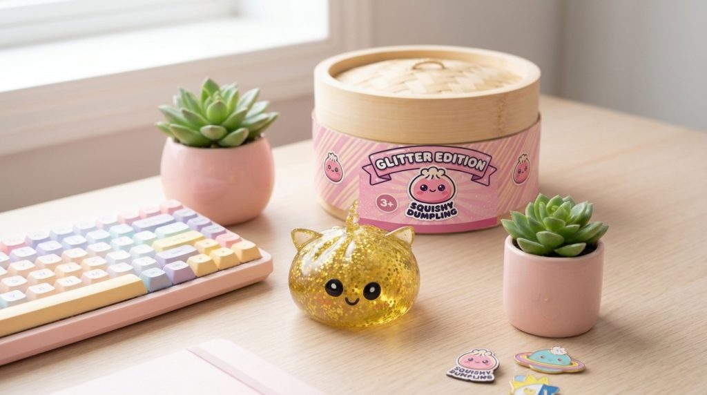 Einhorn Glitter Dumpling Squishy Gold in seiner kawaii Umgebung