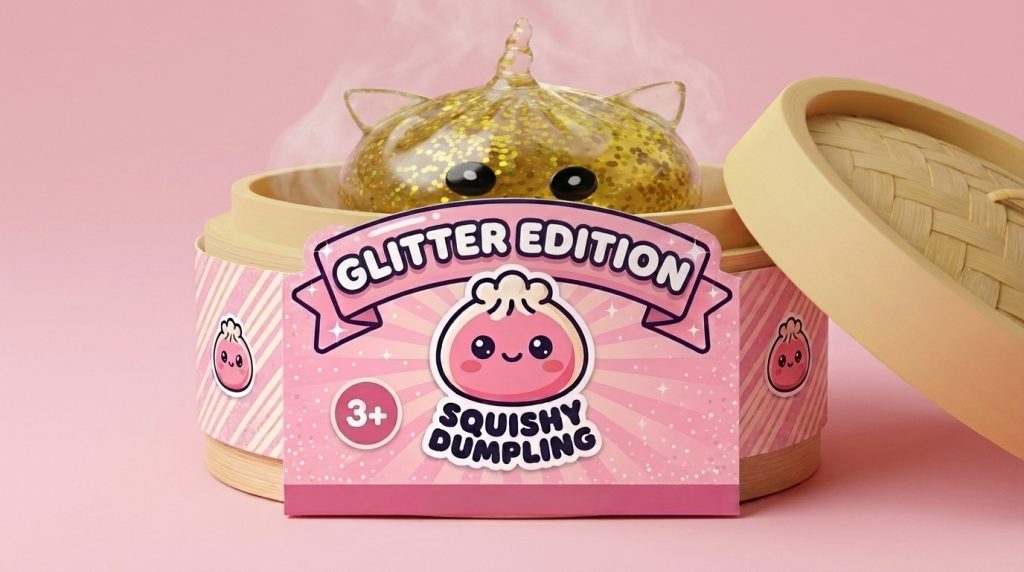 Einhorn Glitter Dumpling Squishy Gold im Bambus-Dämpfkörbchen
