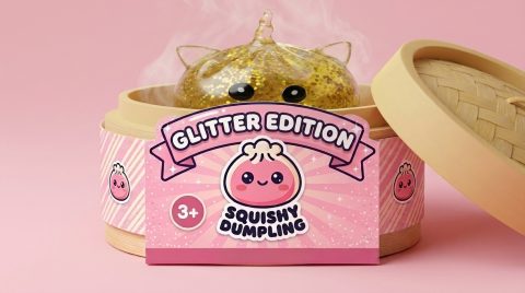 Einhorn Glitter Dumpling Squishy Gold im Bambus-Dämpfkörbchen