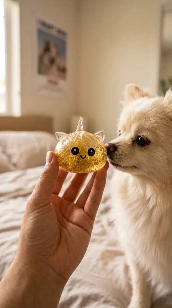 Einhorn Glitter Dumpling Squishy Gold mit einem Kuscheltier