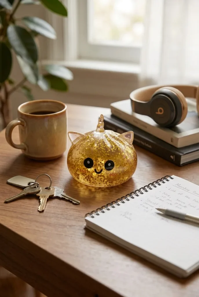 Einhorn Glitter Dumpling Squishy Gold auf dem Schreibtisch