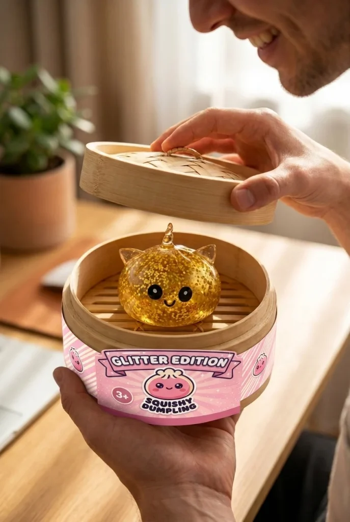 Einhorn Glitter Dumpling Squishy Gold beim Auspacken
