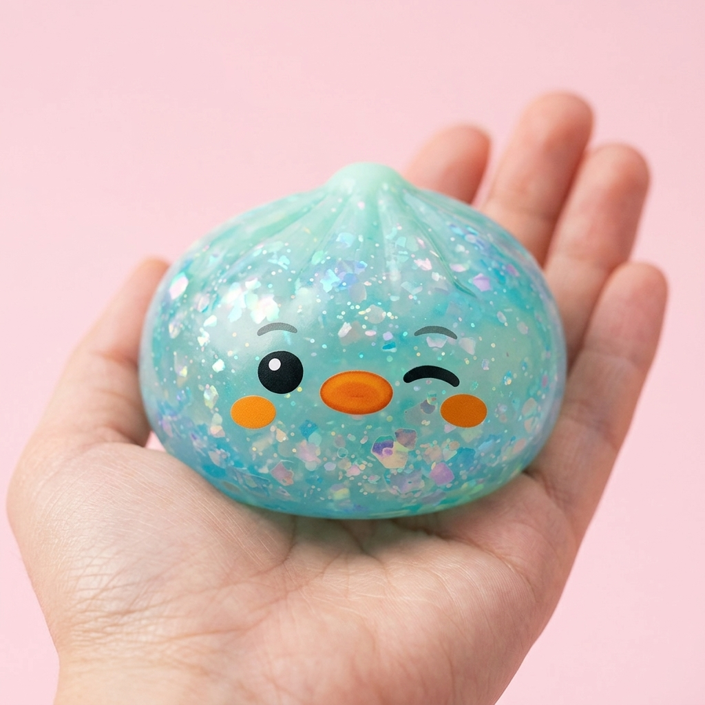 Dumpling Squishy Pinguin Mintgrün Frost in der Hand gehalten, echte Größe
