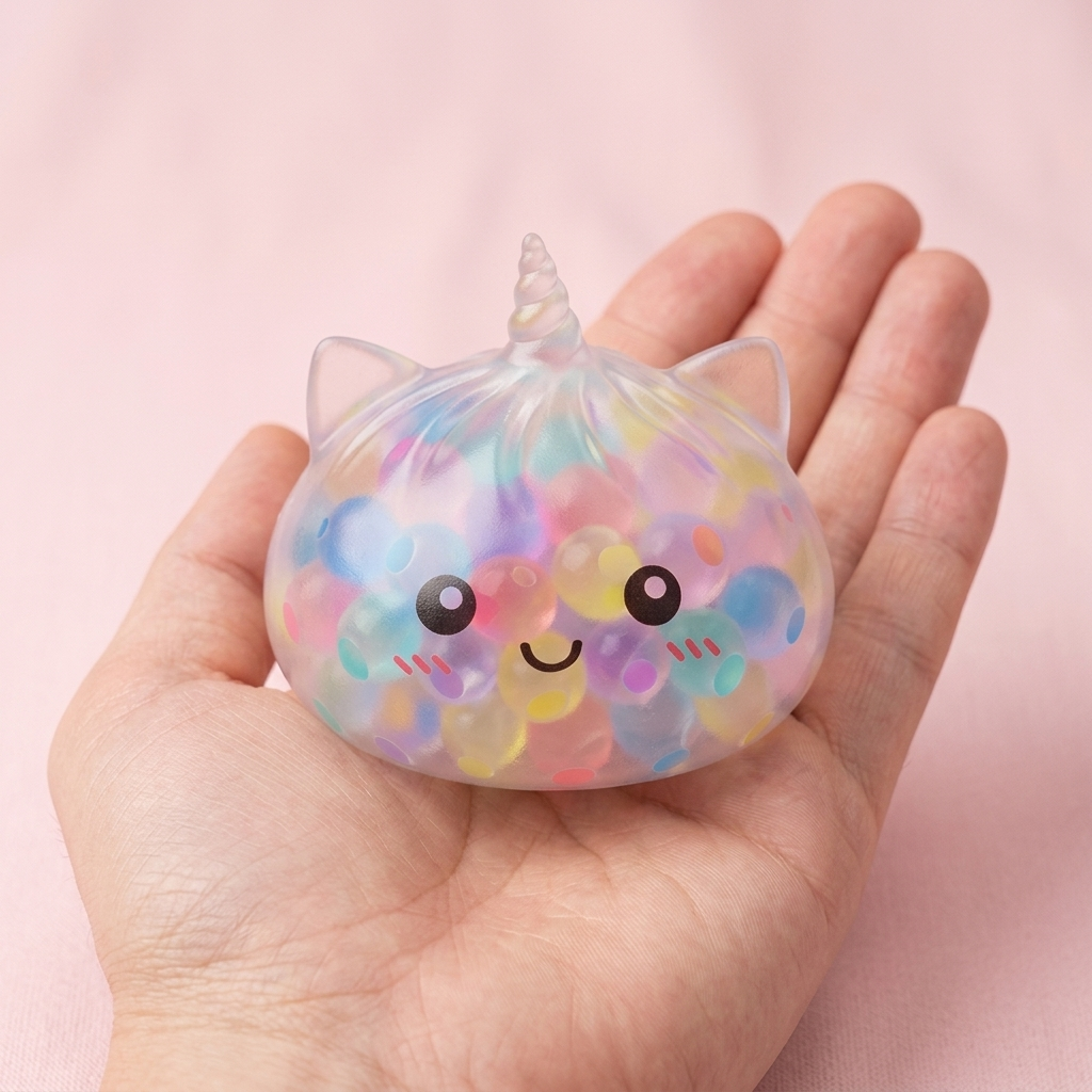 Squishy Dumpling Einhorn Bubble Pastell Multicolor in der Hand gehalten, echte Größe