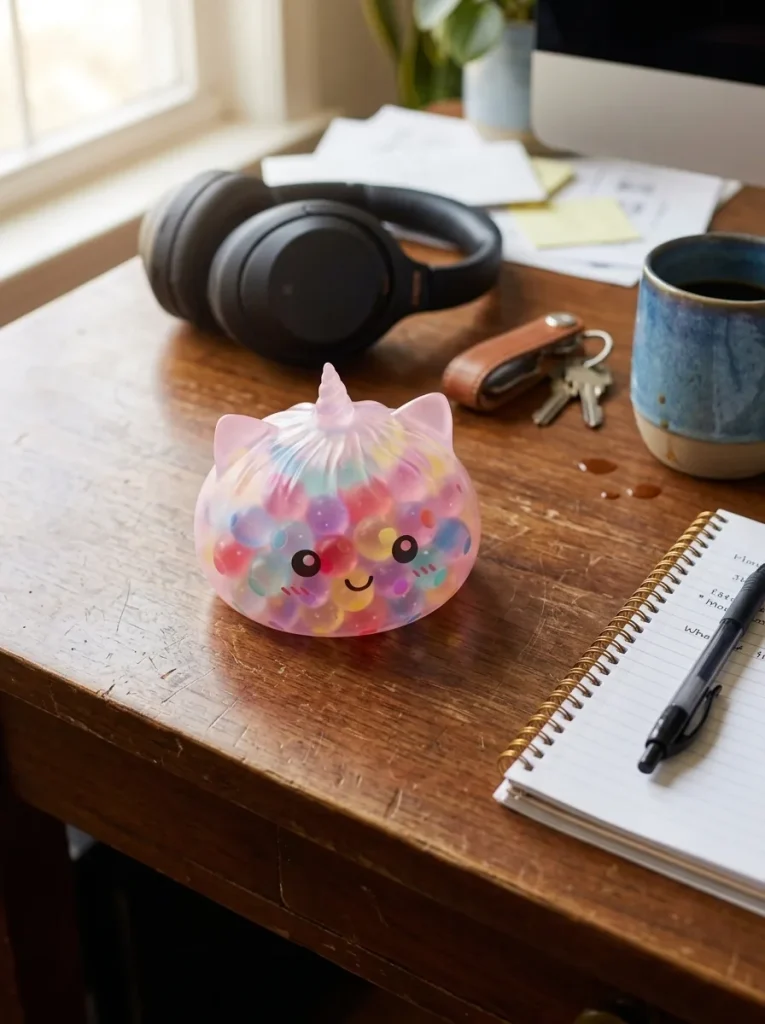 Squishy Dumpling Einhorn Bubble Pastell Multicolor auf dem Schreibtisch