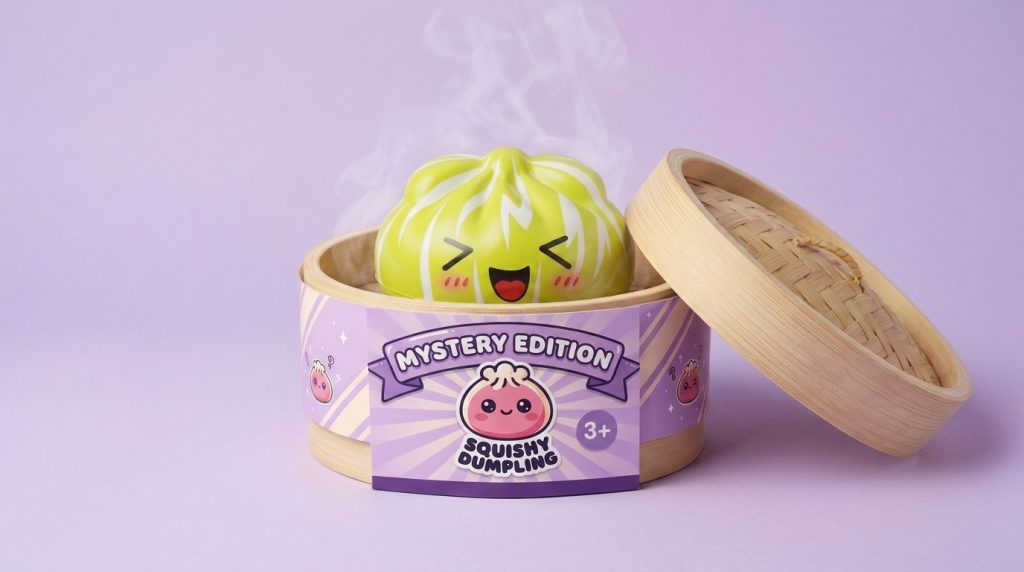 Squishy Dumpling Mystery Happy Faces Box im Bambus-Dämpfkörbchen