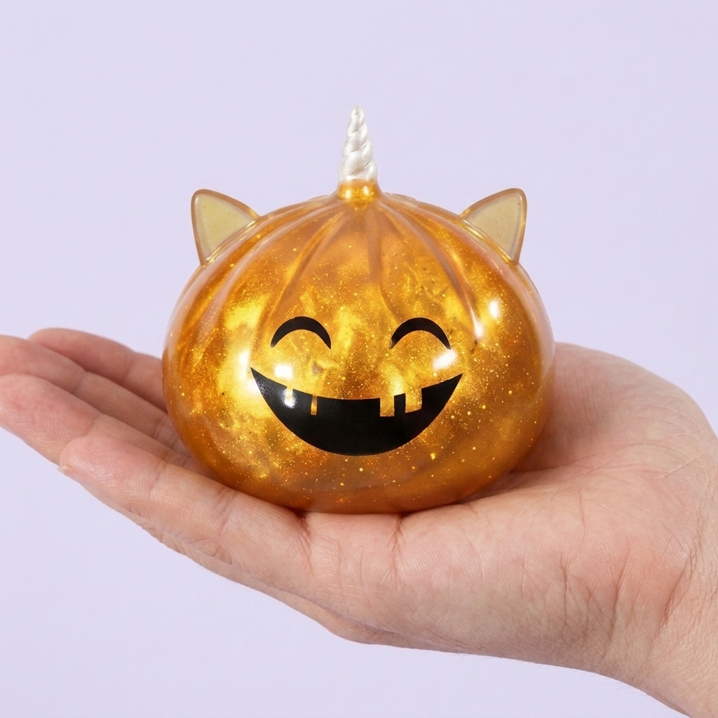 Squishy Dumpling Mystery Halloween Einhorn in der Hand gehalten, echte Größe