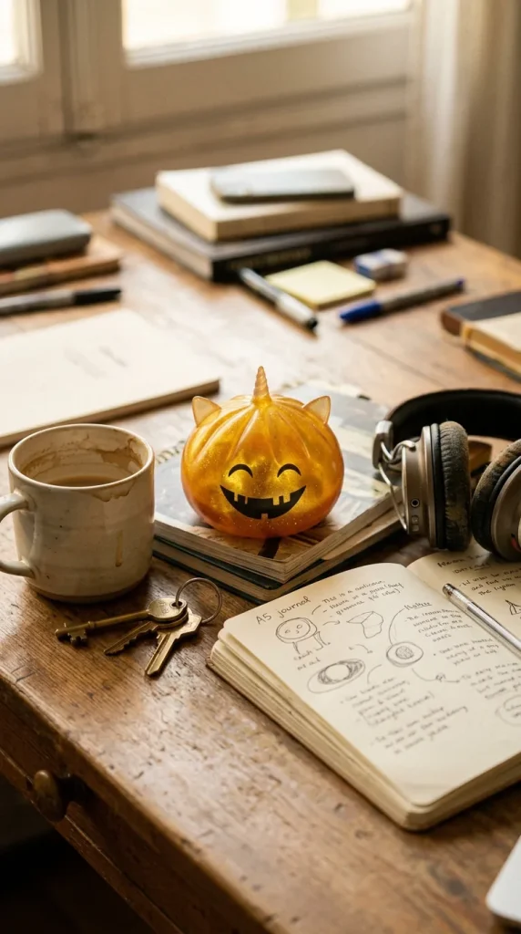 Squishy Dumpling Mystery Halloween Einhorn auf dem Schreibtisch