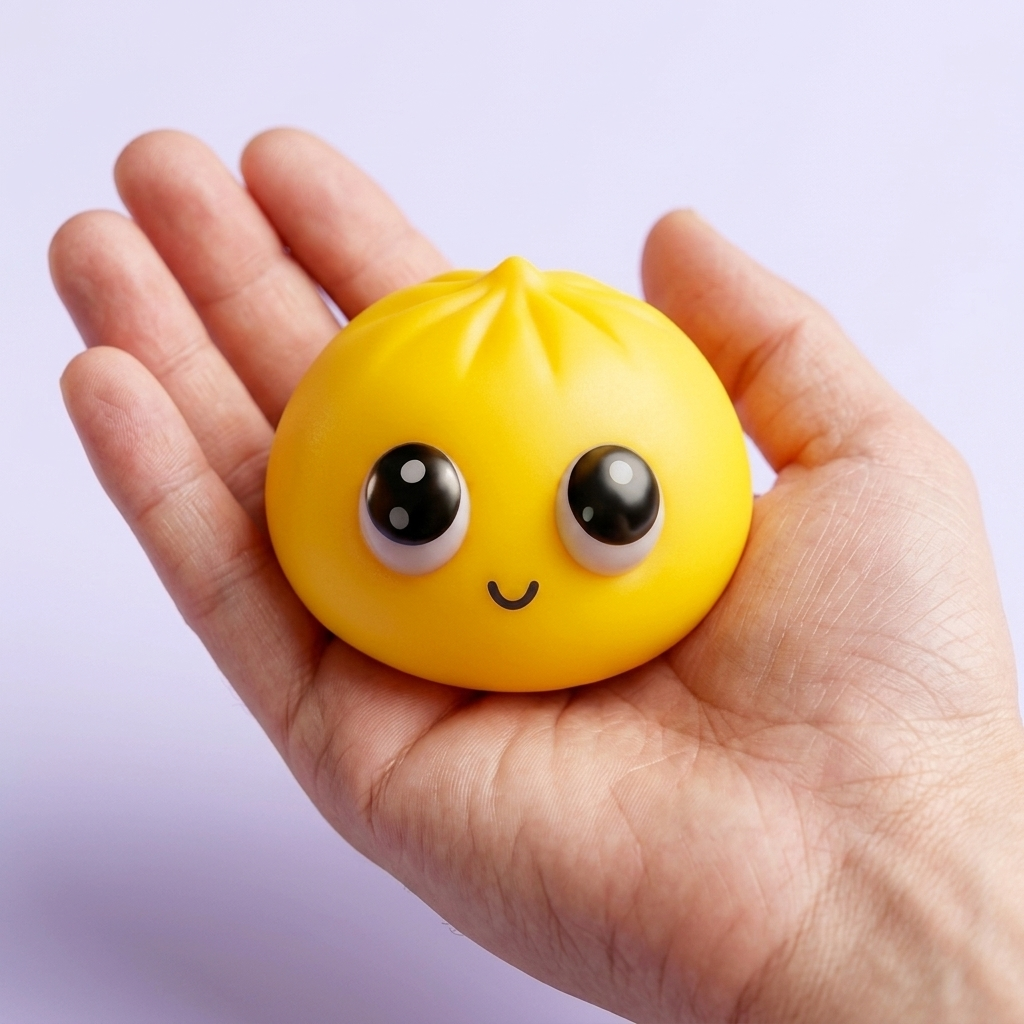Dumpling Squishy Mystery Pop Großaugen in der Hand gehalten, echte Größe