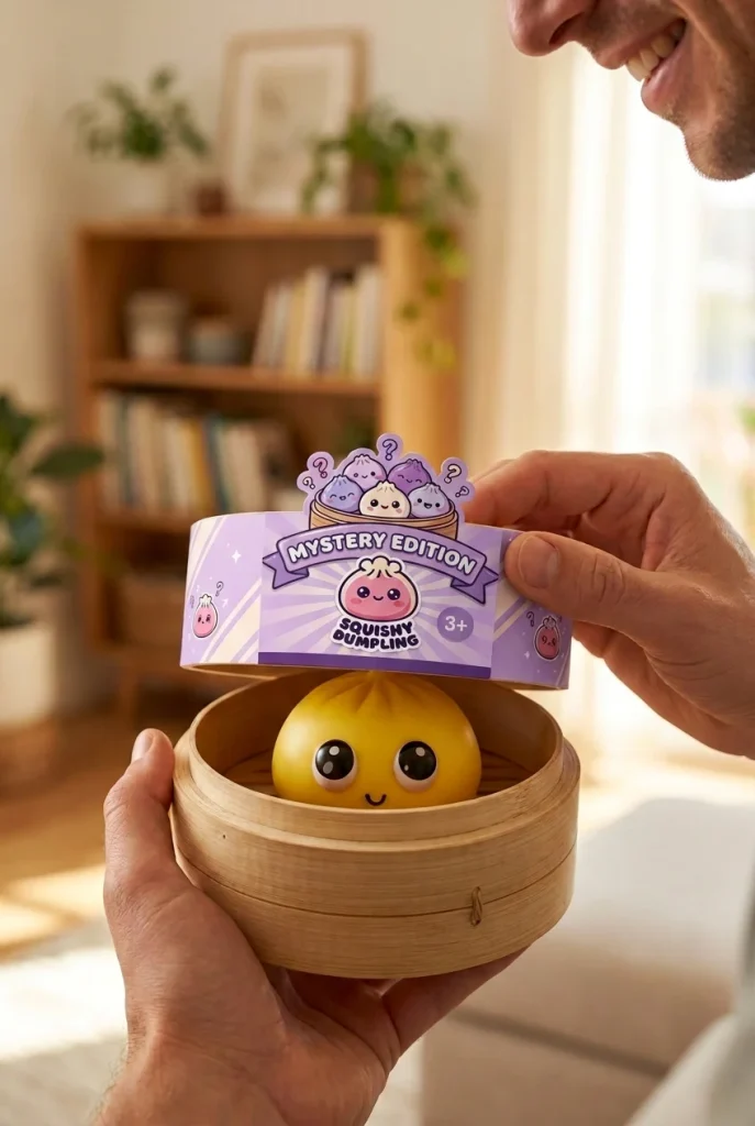Dumpling Squishy Mystery Pop Großaugen beim Auspacken