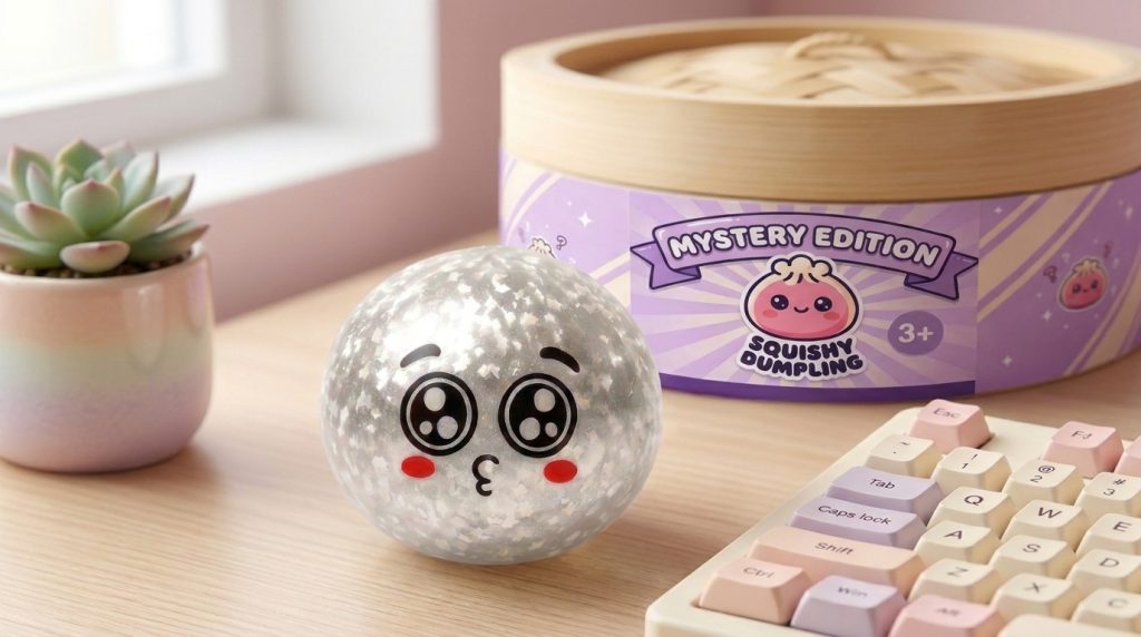 Squishy Dumpling Mystery Puppy Eyed Blindbox in seiner kawaii Umgebung