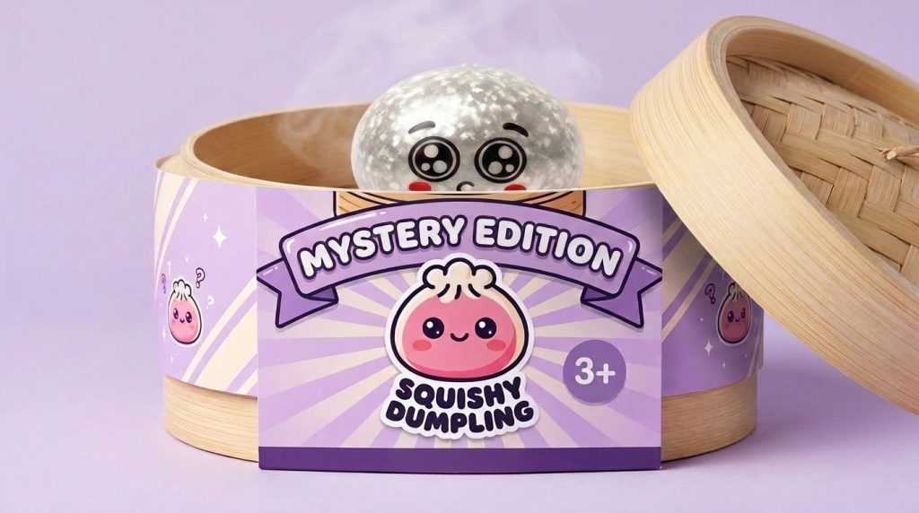 Squishy Dumpling Mystery Puppy Eyed Blindbox im Bambus-Dämpfkörbchen