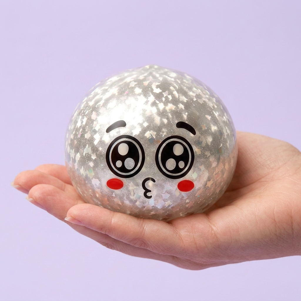 Squishy Dumpling Mystery Puppy Eyed Blindbox in der Hand gehalten, echte Größe
