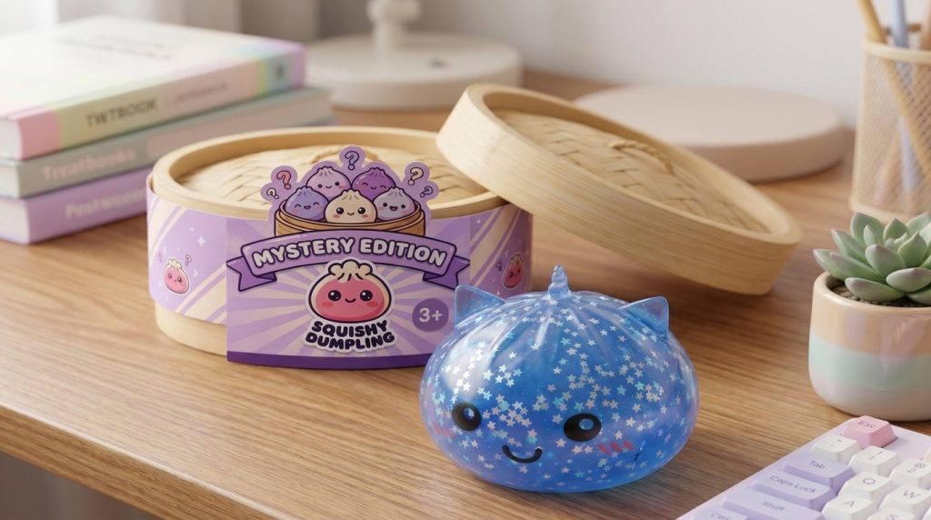 Squishy Dumpling Einhorn Mystery Glitter in seiner kawaii Umgebung