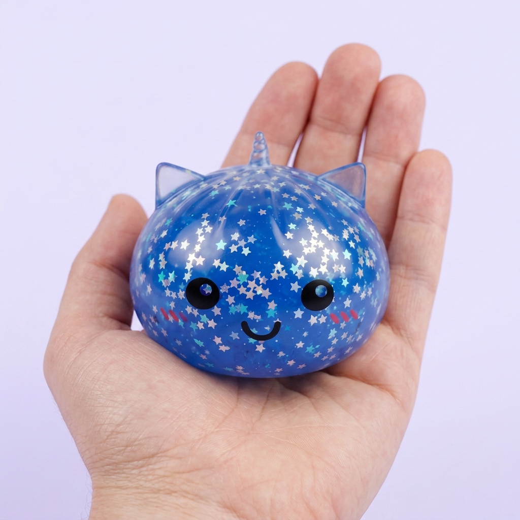 Squishy Dumpling Einhorn Mystery Glitter in der Hand gehalten, echte Größe