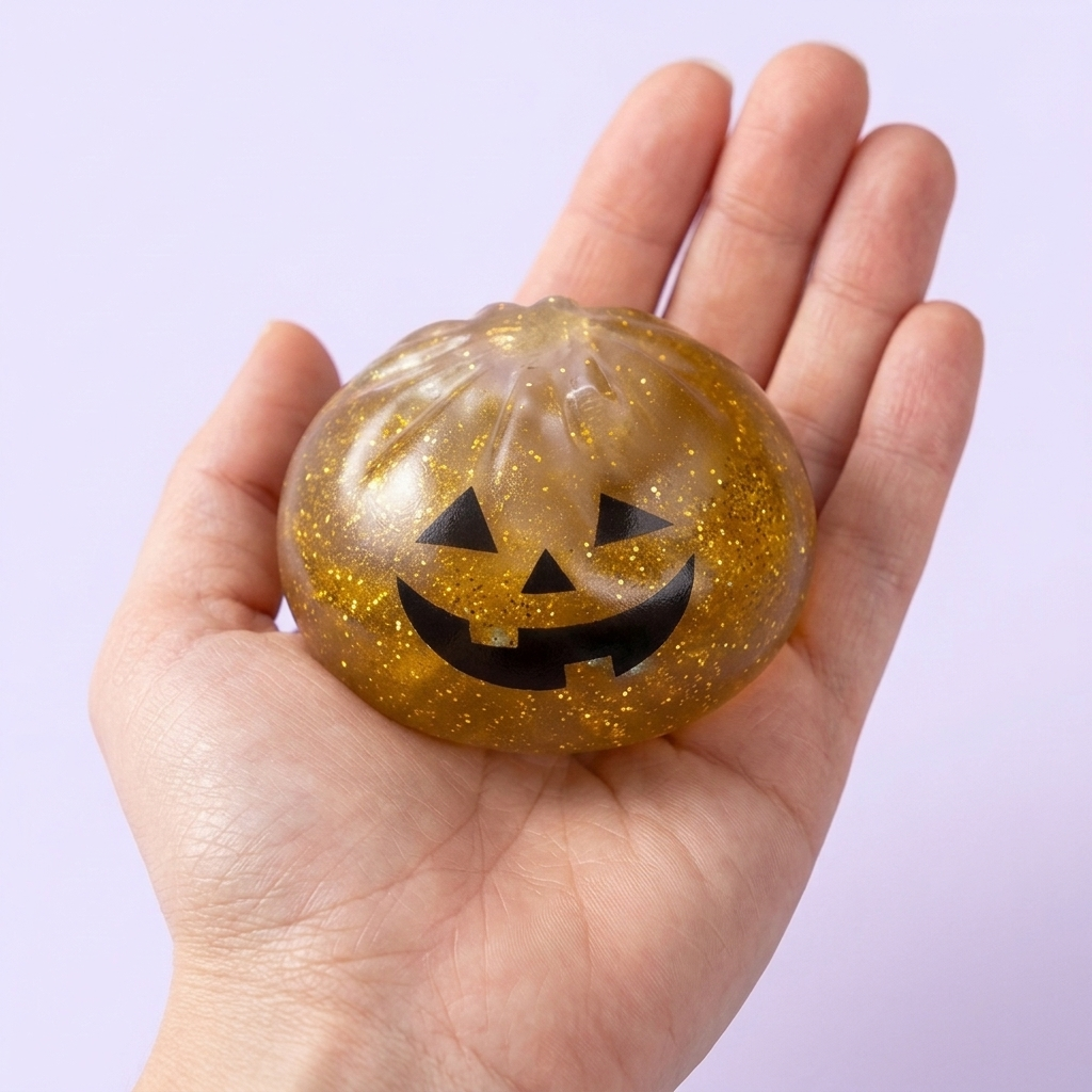Squishy Dumpling Vampire Mystery Blutrot in der Hand gehalten, echte Größe