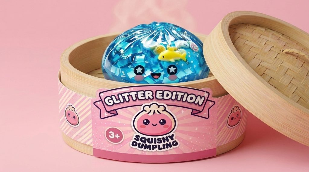 Squishy Dumpling Glitter Ocean Riff im Bambus-Dämpfkörbchen