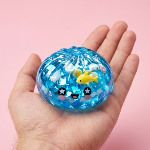 Squishy Dumpling Glitter Ocean Riff in der Hand gehalten, echte Größe