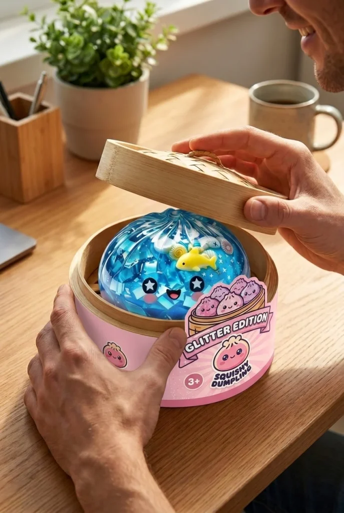 Squishy Dumpling Glitter Ocean Riff beim Auspacken