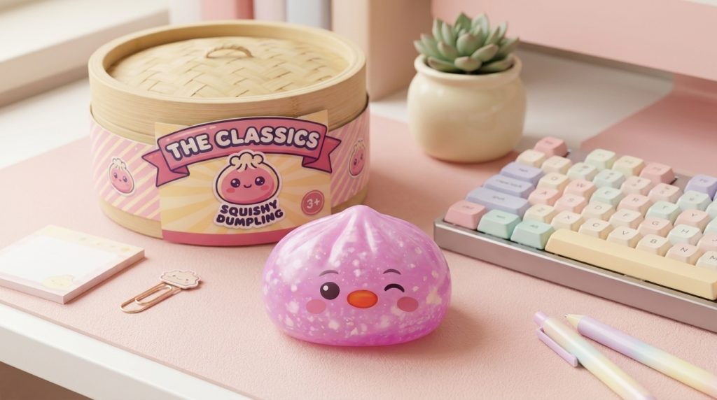 Penguin Dumpling Squishy Bonbonrosa in seiner kawaii Umgebung
